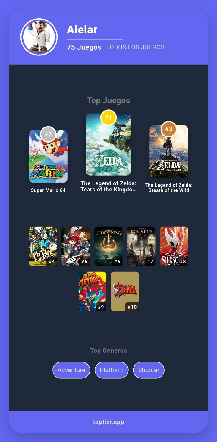 TopTier — Tu perfil con top juegos